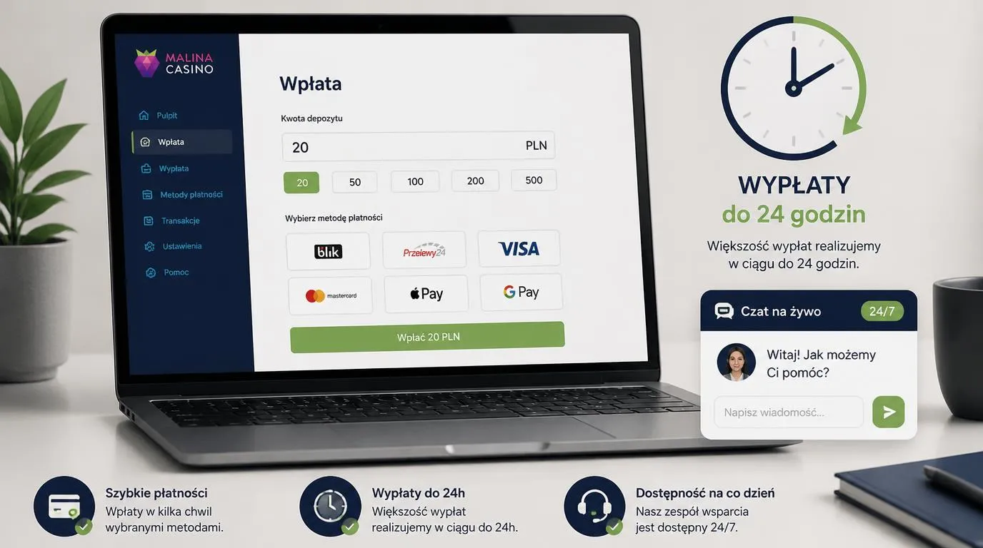 Panel płatności z kwotą 20 PLN, zegarem wypłaty do 24 godzin i ikoną całodobowego czatu
