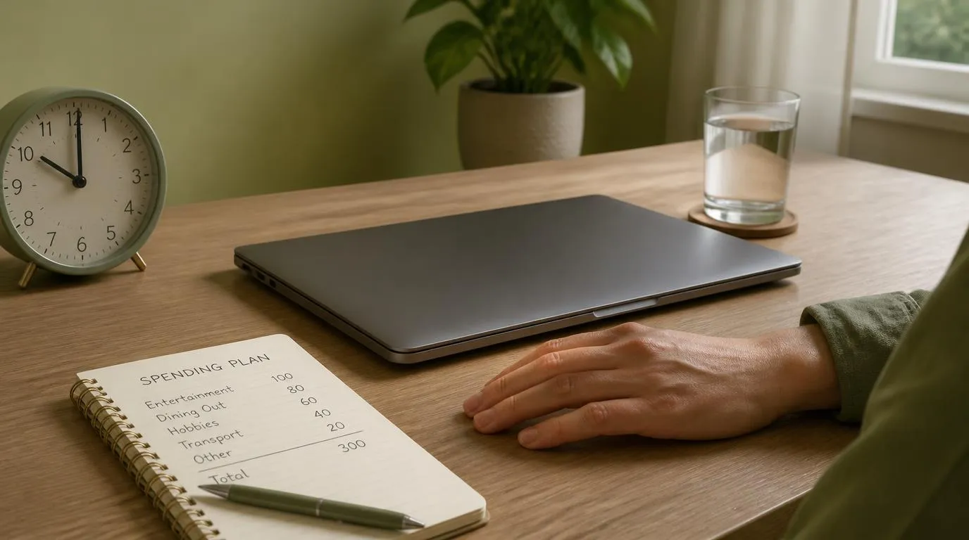 Zamknięty laptop, zegar i notes z budżetem jako symbole świadomego planowania czasu oraz wydatków na grę