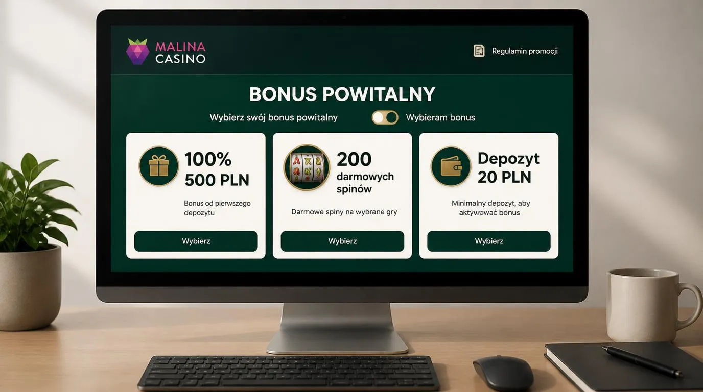 Panel bonusu powitalnego z ofertą 100% do 500 PLN, 200 darmowymi spinami i depozytem 20 PLN